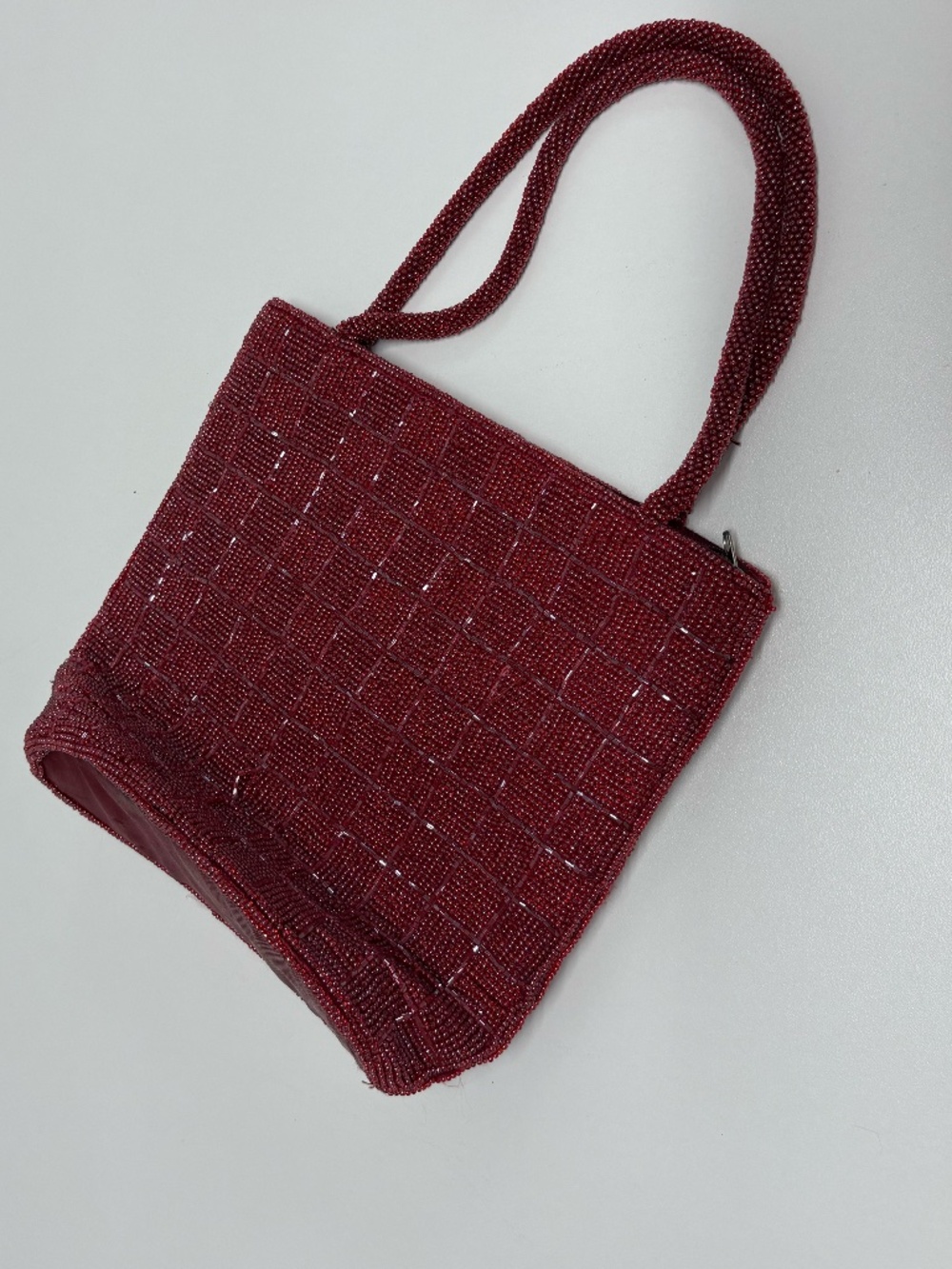 Vintage Hand-Beaded Red Evening Handbag with Shoulder Straps.